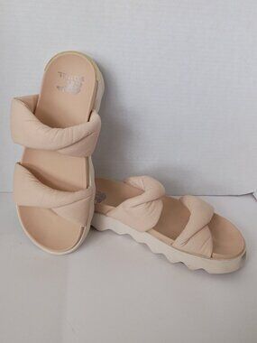 SOREL Women's Sz 9.5 Platform Sandals Slides Puffy Twisty Straps Beige Leather
